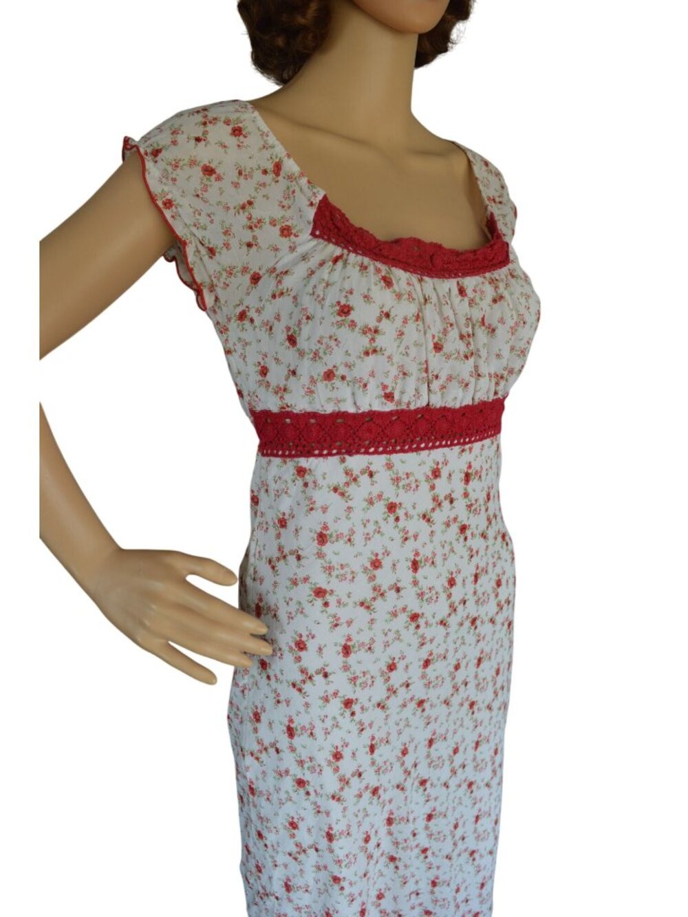 Vintage Y2K Monteau Red White Micro Floral Maxi Dress Womens Size XS Cottagecore - Picture 2 of 8